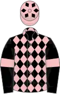 Black and pink diamonds, black sleeves, pink armlets, pink cap, black diamonds