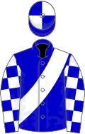 Blue, white sash, checked sleeves, quartered cap