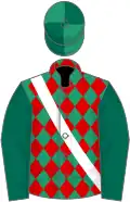 Emerald green and red diamonds, white sash, dark green sleeves, emerald green and dark green quartered cap