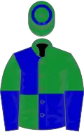 Green and blue quartered, halved sleeves, green cap, blue hoop