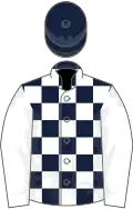 Dark blue and white check, white sleeves, dark blue cap