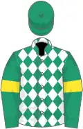 Emerald green and white diamonds, emerald green sleeves, yellow armlets, emerald green cap