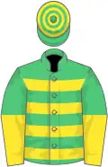 Emerald green, yellow hoops, halved sleeves