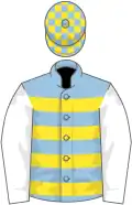 Light blue, yellow hoops, white sleeves, light blue and yellow check cap