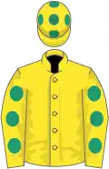 Yellow, emerald green spots on sleeves and cap