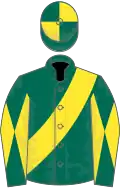 Dark green, yellow sash, diabolo on sleeves,quartered cap