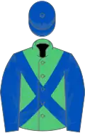 Emerald green, royal blue cross sashes, royal blue sleeves and cap