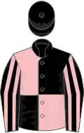 Black and pink (quartered), striped sleeves, black cap