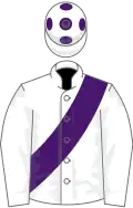 WHITE, purple sash, white cap, purple spots