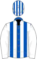Royal blue and white stripes, white sleeves, striped cap