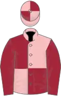 Pink and maroon quartered, maroon sleeves, quartered cap