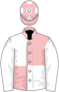 Pink and white (quartered), white sleeves, pink cap, white spots