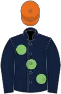 Dark blue, large light green spots, orange cap
