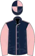 Dark blue, pink seams and sleeves, quartered cap