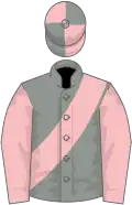 Grey, pink sash and sleeves, pink and grey quartered cap