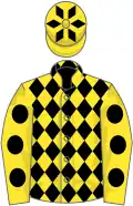 Yellow and black diamonds, yellow sleeves, black spots