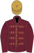 Claret, gold braid, claret sleeves, gold cap, gold tassel
