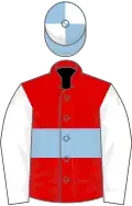 Red, light blue hoop, white sleeves, light blue and white quartered cap