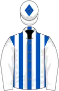 Royal blue and white stripes, white sleeves, white cap, royal blue diamond