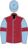 Maroon, light blue seams, light blue sleeves, maroon armlets, light blue cap