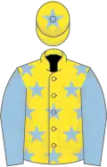 Yellow, light blue stars and sleeves, yellow cap, light blue star