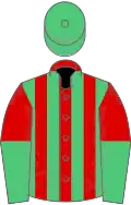 Red and Emerald Green stripes, halved sleeves, Emerald Green cap