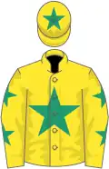 Yellow, emerald green star, yellow sleeves, emerald green stars, yellow cap, emerald green star