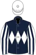 Dark blue, white triple diamond, white and dark blue striped sleeves, white cap