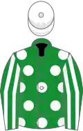 Green, white spots, striped sleeves, white cap