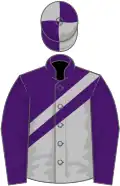mauve and grey halved diagonally, grey sash, mauve sleeves, mauve and grey quartered cap