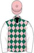 Dark green and pink diamonds, white sleeves, pink cap