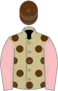 Beige, brown spots, pink sleeves, brown cap