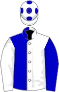 White and blue (halved), sleeves reversed, white cap, blue spots