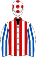 White and Red stripes, White and Royal Blue striped sleeves, White cap, Red spots