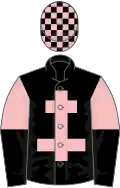 Black, pink cross of lorraine, pink and black halved sleeves, black and pink check cap
