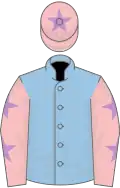 Light blue, pink sleeves, mauve stars, pink cap, mauve star