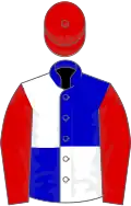 Blue and white (quartered), red sleeves and cap