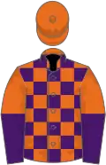 Orange and purple check, halved sleeves, orange cap