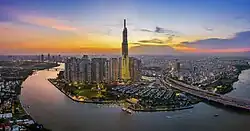 View of the river in Bình Thạnh district, with the Landmark 81 in the center