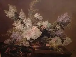 Bouquet de fleurs dans une coupe en bronze sur un entablement, oil on canvas, 114 x 145&nbsp;cm, private collection