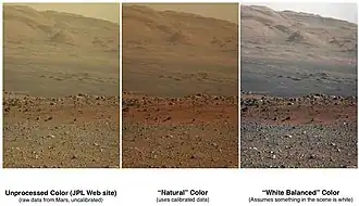 Comparison of color versions (raw, natural, white balance) of Aeolis Mons on Mars (23 August 2012)