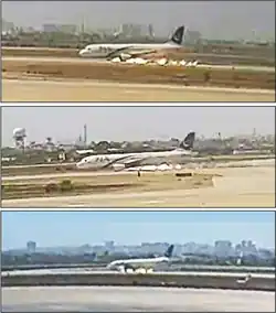 Three photos of an Airbus A320 labelled "PIA" viewed from the left on a runway without its landing gear and with sparks coming out of the bottom side of both engines
