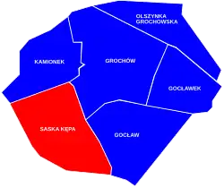 Location of Saska Kępa (red) in the District of Praga Południe (navy blue)