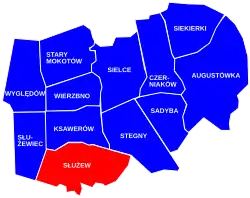 Location of Służew within the district of Mokotów, in accordance to the City Information System.