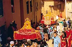 Men carrying portable shrines of goddesses Mahakali (foreground) and Palanchok Bhagwati through the streets of Sathighar Bhagawati village in Kavrepalanchok, Nepal during the festival of Palanchok Bhagwati Jatra on 25 October 2012.