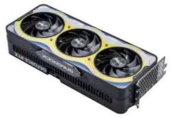 Skewed view of a thicker video card with 3 fans