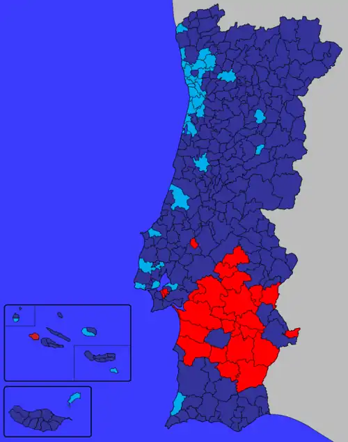 Most voted party/coalition by municipality besides AD and PS: CH (darkblue), IL (lightblue), CDU (red), BE (darkred)