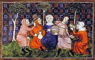 Illustration of five people in a forest eating and drinking