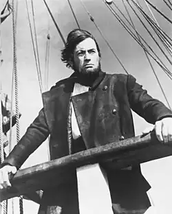 A black and white photograph of Peck as Captain Ahab in Moby Dick.