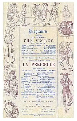 poster for The Secret and La Périchole with cast lists surrounded by drawings of characters